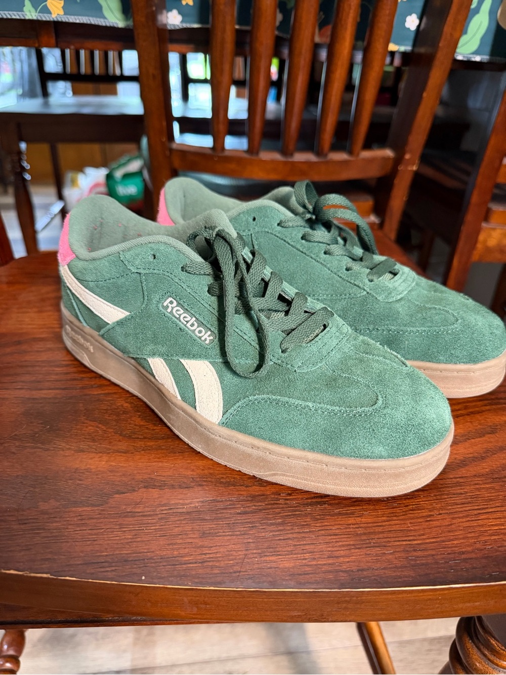 Reebok Green Suede Sneakers with Pink Heel Accent